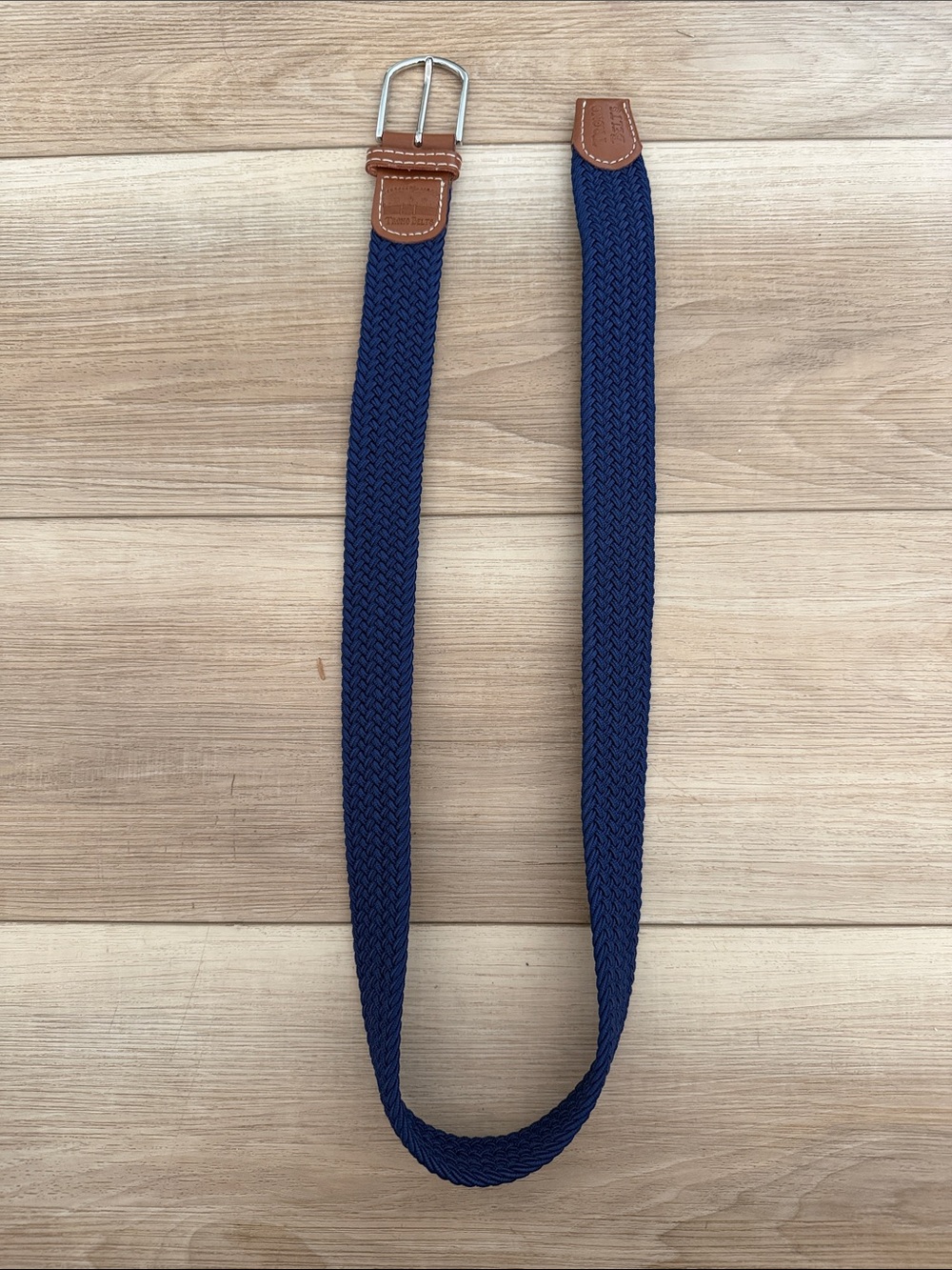Men's Navy Woven Stretch Belt with Tan Leather Trim